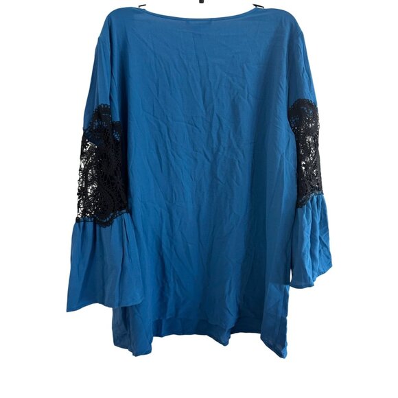 Cable & Gauge Womens Large Polyester Knit Blouse Blue Black Lace Bell Sleeve Sco - Picture 6 of 6